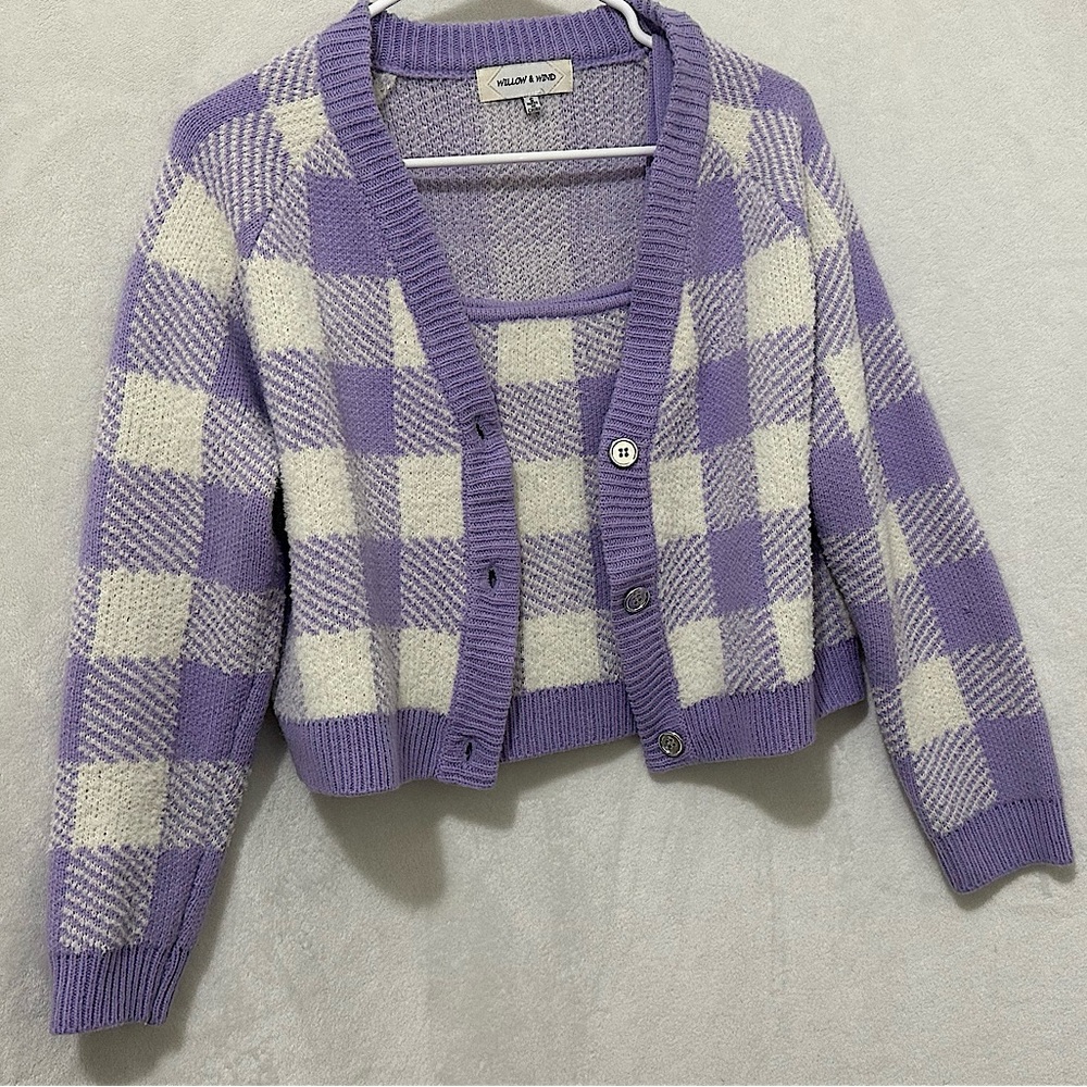 Purple Periwinkle Plaid Cardigan Sweater set- Size Small